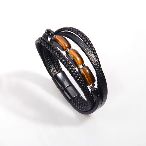 PU Leather Cord Bracelets 304 Stainless Steel with PU Leather & Tiger Eye vintage & for man black Sold By PC