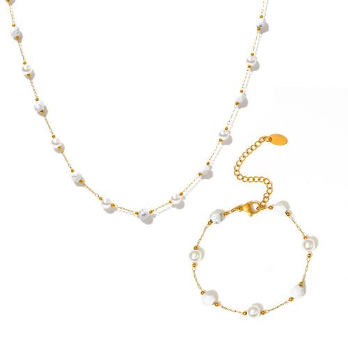 Fashion Stainless Steel Jewelry Sets 304 Stainless Steel with Natural Stone & Plastic Pearl with 5cm extender chain fashion jewelry & for woman golden Length Approx 41 cm Approx 16 cm Sold By PC