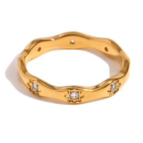 Anillo de dedo acero inoxidable del Rhinestone, acero inoxidable 304, 18K chapado en oro, Joyería & diverso tamaño para la opción & para mujer & con diamantes de imitación, dorado, Vendido por UD