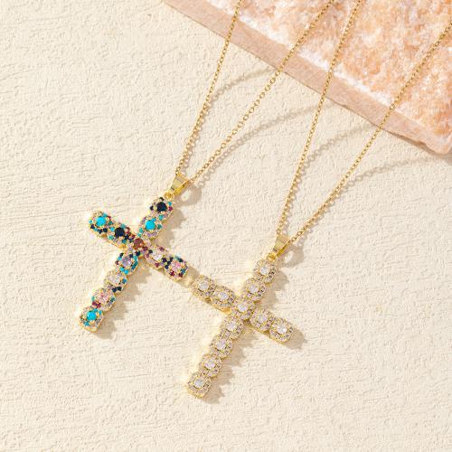 Cubic Zircon Micro Pave Brass Necklace with 6cm extender chain Cross fashion jewelry & micro pave cubic zirconia & for woman golden Length Approx 40 cm Sold By PC