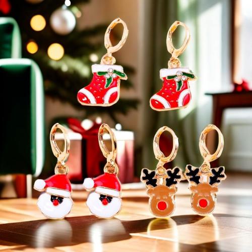 Christmas Earrings Zinc Alloy gold color plated & Christmas Design & for woman & enamel & with rhinestone nickel lead & cadmium free Sold By Pair