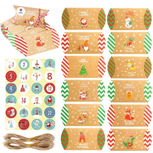 Kraft Caja de regalo de embalaje, con Cáñamo, Impresión, Diseño de Navidad & patrón mixto & diferentes estilos para la opción, 24PCs/Bolsa, Vendido por Bolsa