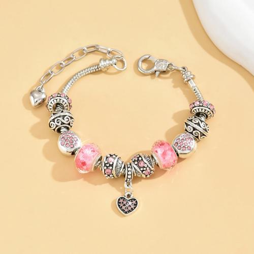 European Armband, Zinklegierung, mit Lampwork, mit Verlängerungskettchen von 1.57 Inch, plattiert, Modeschmuck & für Frau & mit Strass, Rosa, Länge 7.57 ZollInch, verkauft von PC