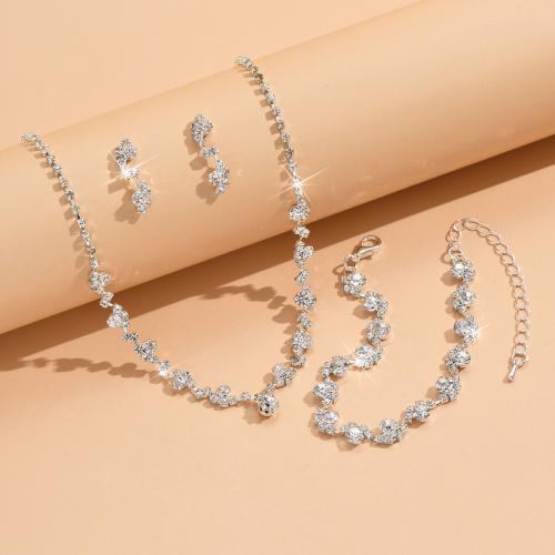 Zinc Alloy Jewelry Sets Stud Earring & bracelet & necklace plated three pieces & for woman & with rhinestone Sold By Set