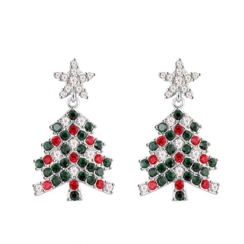 Cubic Zirconia Micro Pave Brass Earring Christmas Tree plated micro pave cubic zirconia & for woman Sold By Pair