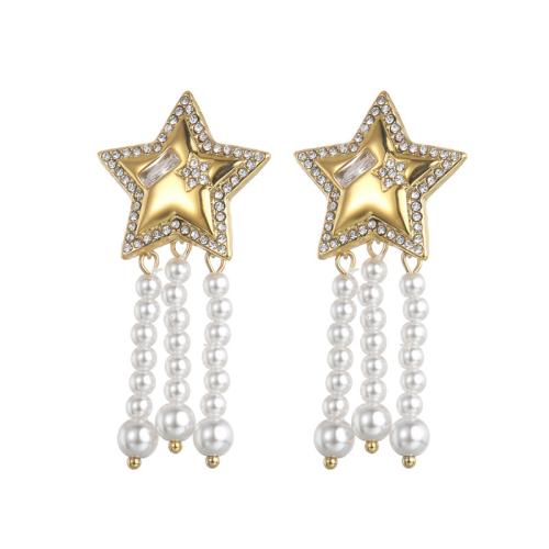 Roestvrij staal Stud Earrings, 304 roestvrij staal, met Plastic Pearl, plated, micro pave zirconia & voor vrouw, goud, Verkocht door pair