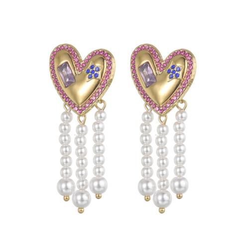 Roestvrij staal Stud Earrings, 304 roestvrij staal, met Plastic Pearl, plated, micro pave zirconia & voor vrouw, goud, Verkocht door pair