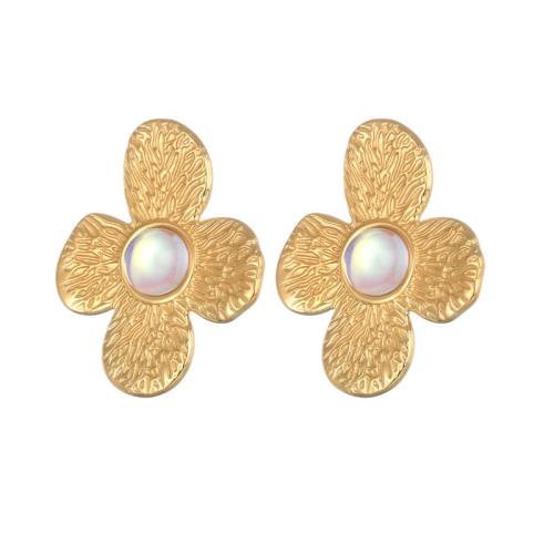 Stainless Steel Stud Earrings 304 Stainless Steel with Glass petals plated for woman gold Sold By Pair