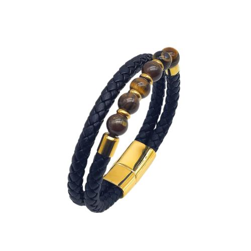 PU Leather Cord Bracelets 304 Stainless Steel with PU Leather & Lava & Tiger Eye vintage & for man black Length Approx 21 cm Sold By PC