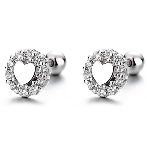 925 sterline d'argento orecchini a borchia, Cuore, Micro spianare cubic zirconia & per la donna, nessuno, 5.90mm, Venduto da coppia