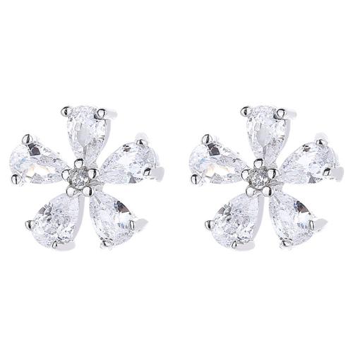 925 Sterling Silver Stud Earring Flower & micro pave cubic zirconia & for woman 7.50mm Sold By Pair