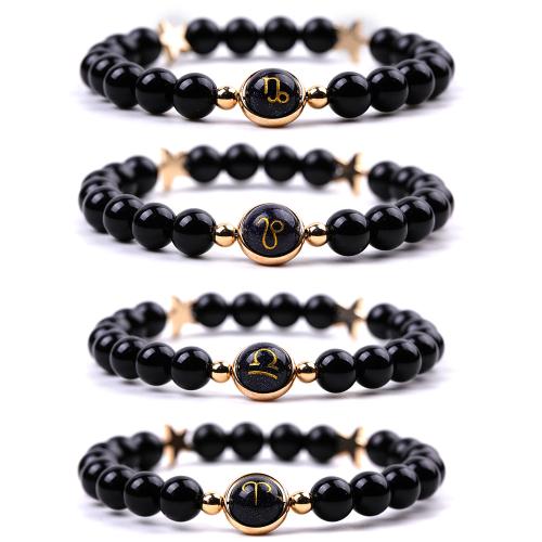 Black Stone Bracelet with Blue Goldstone & Zinc Alloy 12 Signs of the Zodiac Unisex Length Approx 7.3-7.5 Inch Sold By PC