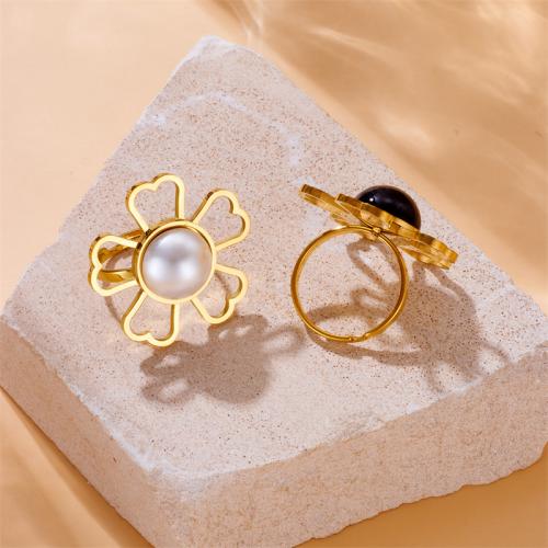 Stainless Steel Finger Ring 304 Stainless Steel with Plastic Pearl Flower fashion jewelry & for woman Sold By PC