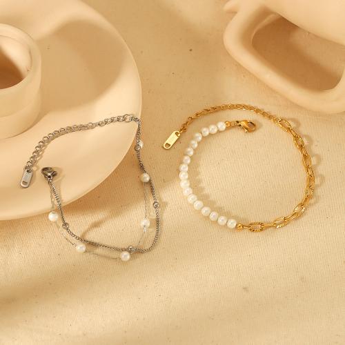 Titanium Steel Bracelet & Bangle with Plastic Pearl plated fashion jewelry Sold By PC