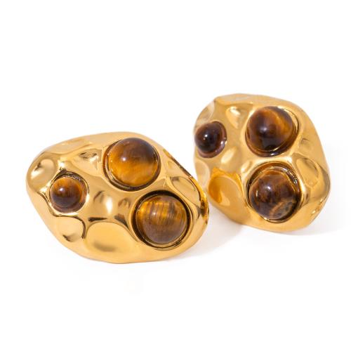 Stainless Steel Stud Earrings 304 Stainless Steel with Tiger Eye gold color plated fashion jewelry golden Sold By Pair