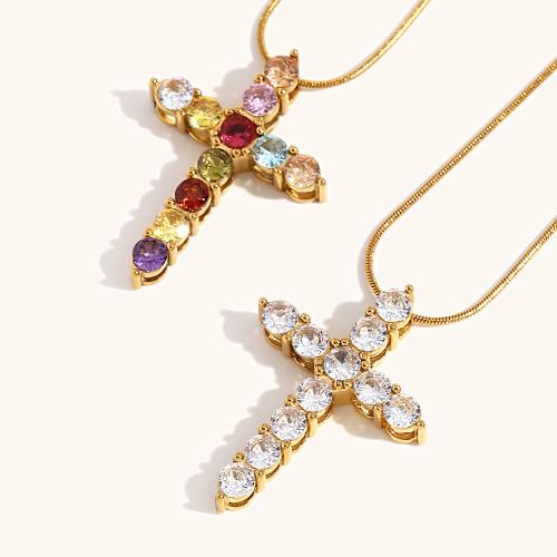 Stainless Steel Jewelry Necklace 304 Stainless Steel with 5cm extender chain Cross 18K gold plated fashion jewelry & for woman & with rhinestone Length 40 cm Sold By PC