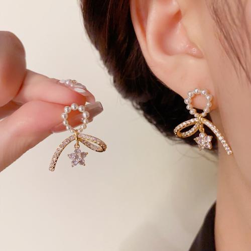 Cubic Zirconia Micro Pave Brass Earring with Plastic Pearl real gold plated micro pave cubic zirconia & for woman gold Sold By Pair