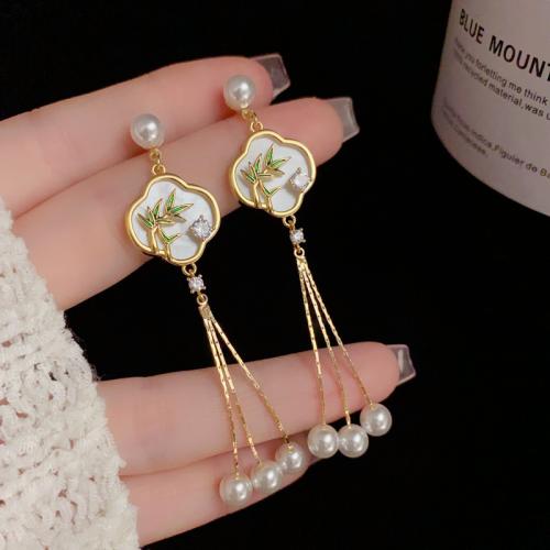 Cubic Zirconia Micro Pave Brass Earring with Shell & Plastic Pearl real gold plated micro pave cubic zirconia & for woman & enamel gold Sold By Pair