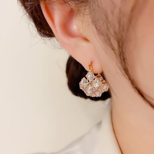 Boucles d'oreilles en laiton zircon cubique pavent, Plaqué d'or, pavé de micro zircon & pour femme, Or, 23x17mm, Vendu par paire