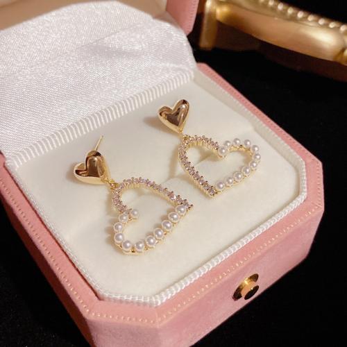 Cubic Zirconia Micro Pave Brass Earring with Plastic Pearl Heart real gold plated micro pave cubic zirconia & for woman gold Sold By Pair