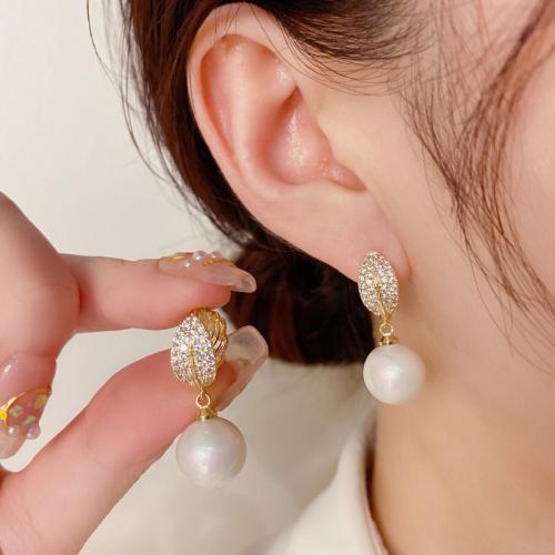 Cubic Zirconia Micro Pave Brass Earring with Plastic Pearl real gold plated micro pave cubic zirconia & for woman gold Sold By Pair