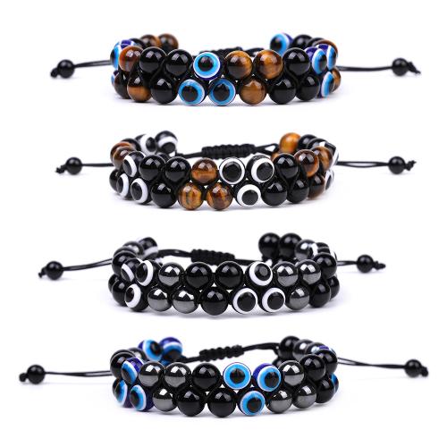 Black Stone Bracelet with Iron Rock & Polyester Cord & Tiger Eye & Resin Evil Eye polished Unisex Length Approx 7-10 Inch Sold By PC