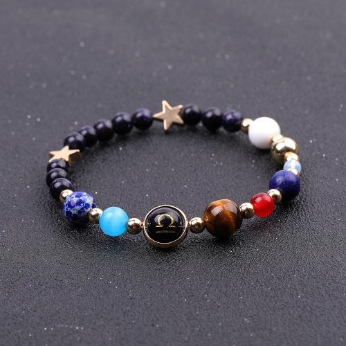 Blue Sandstone Bracelet with Gemstone & Zinc Alloy 12 Signs of the Zodiac handmade Unisex & gold accent Length Approx 7.3-7.5 Inch Sold By PC