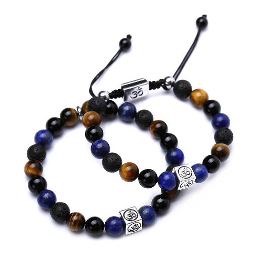 Lapis Lazuli Bracelet with Lava & Tiger Eye & Black Agate & Zinc Alloy Unisex Length Approx 6.9 Inch Sold By PC