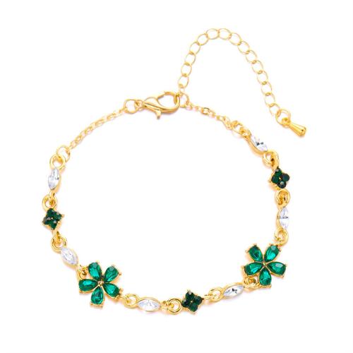 liga de zinco pulseira, with 1.97inch extender chain, Flor, cromado de cor dourada, para mulher & com strass, Mais cores pare escolha, comprimento Aprox 7.09 inchaltura, vendido por PC