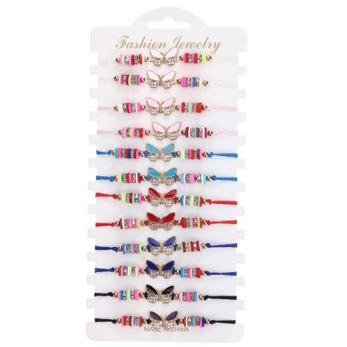 alliage de zinc Set de bracelet, avec argile de polymère & cordon de polyester & cristal, papillon, fait à la main, Style bohème & réglable & pour femme & émail, multicolore, Longueur Environ 7-9 pouce, Vendu par fixé