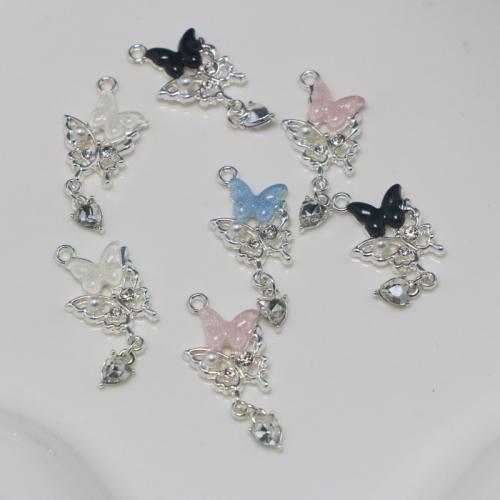 Resin Zinc Alloy Pendants with Resin & Plastic Pearl Butterfly silver color plated DIY & with rhinestone nickel lead & cadmium free Sold By PC