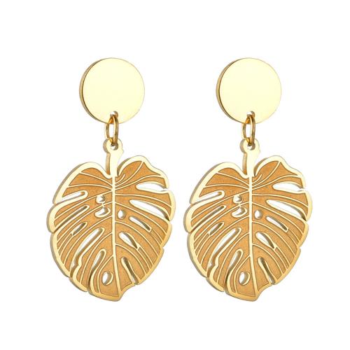 Stainless Steel Stud Earrings 304 Stainless Steel Leaf plated for woman gold Sold By Pair