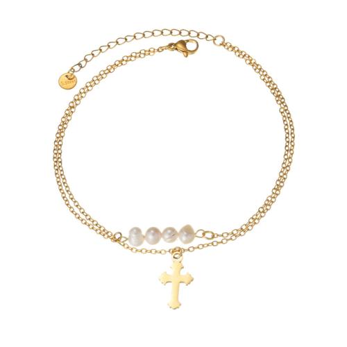 Anklet de acero inoxidable, acero inoxidable 304, con Piedras preciosas & Perlas plásticas, chapado, diferentes estilos para la opción & para mujer, dorado, Vendido por UD