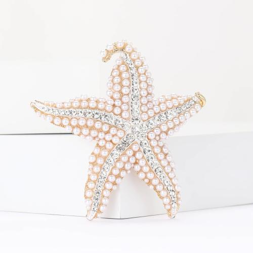 Zinc Alloy Brocher, med Plastic Pearl, Starfish, forgyldt, mode smykker & med rhinestone, gylden, nikkel, bly & cadmium fri, 69x68mm, Solgt af PC