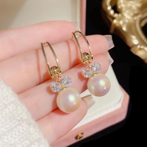 Cubic Zirconia Micro Pave Brass Earring with Plastic Pearl real gold plated micro pave cubic zirconia & for woman gold Sold By Pair