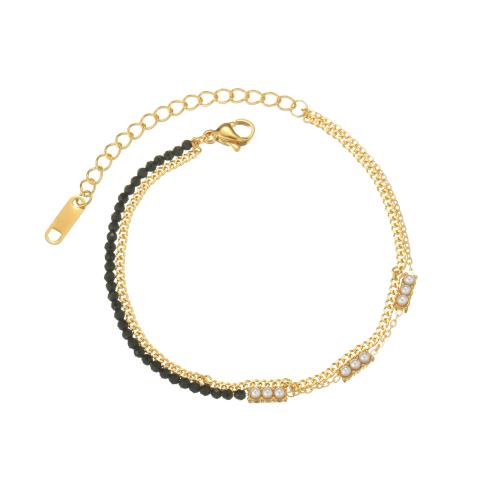 Stainless Steel Jewelry Bracelet 304 Stainless Steel with Seedbead & Plastic Pearl plated for woman gold Sold By PC