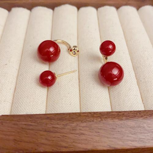 Brass Stud Earring with Plastic Pearl real gold plated for woman & enamel red Sold By Pair