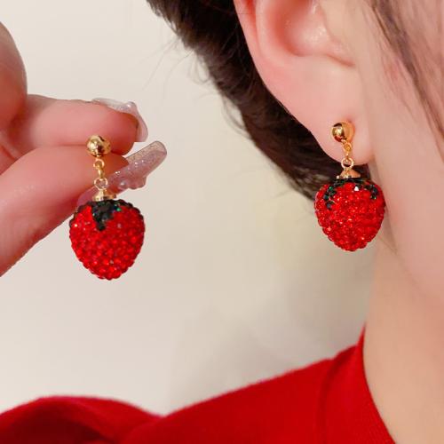 Cubic Zirconia Micro Pave Brass Earring Strawberry real gold plated micro pave cubic zirconia & for woman red Sold By Pair