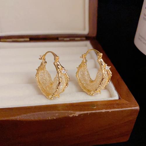 Boucles d'oreilles en laiton zircon cubique pavent, Plaqué d'or, pavé de micro zircon & pour femme, Or, 25x21mm, Vendu par paire