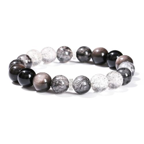 Argent-Obsidienne bracelet, avec Obsidienne & Quartz rutile noir & Strawberry Quartz & Acier inoxydable 304, Rond, fait à la main, bijoux de mode & pour homme, beads length 10mm, Longueur Environ 7-8 pouce, Vendu par PC