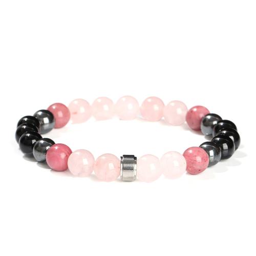 Madagascar Rose Quartz Bracelet with Hematite & Black Agate & 304 Stainless Steel Round handmade & for woman Length Approx 6-7 Inch Sold By PC