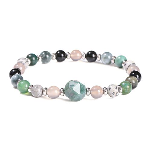 Pierre naturelle bracelet, avec agate mousse & Acier inoxydable 304, Motif géométrique, fait à la main, bijoux de mode & pour femme, beads length 6mm, 10mm, Longueur Environ 6-7 pouce, Vendu par PC