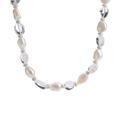 Clear Quartz Necklace with Shell Pearl & 304 Stainless Steel Nuggets handmade fashion jewelry & for woman Length Approx 16 Inch Sold By PC