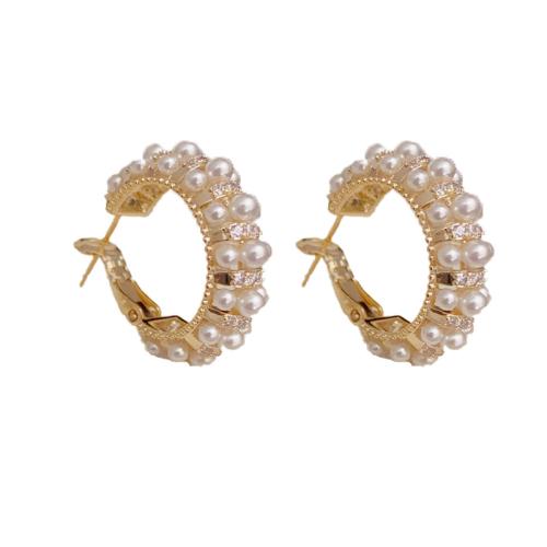 Cubic Zirconia Micro Pave Brass Earring with Plastic Pearl real gold plated micro pave cubic zirconia & for woman gold Sold By Pair