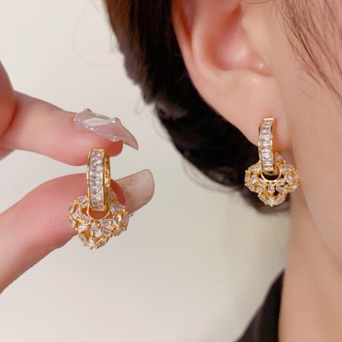 Boucles d'oreilles en laiton zircon cubique pavent, Plaqué d'or, pavé de micro zircon & pour femme, Or, 19x11mm, Vendu par paire