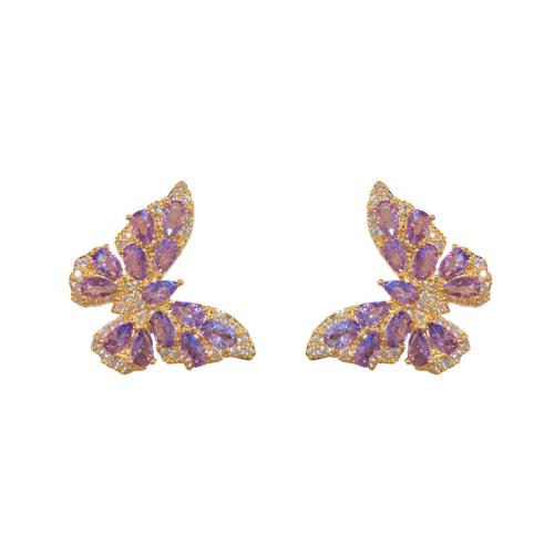 Cubic Zirconia Micro Pave Brass Earring Butterfly real gold plated micro pave cubic zirconia & for woman Sold By Pair