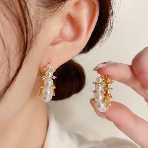 Cubic Zirconia Micro Pave Brass Earring with Plastic Pearl real gold plated micro pave cubic zirconia & for woman gold Sold By Pair