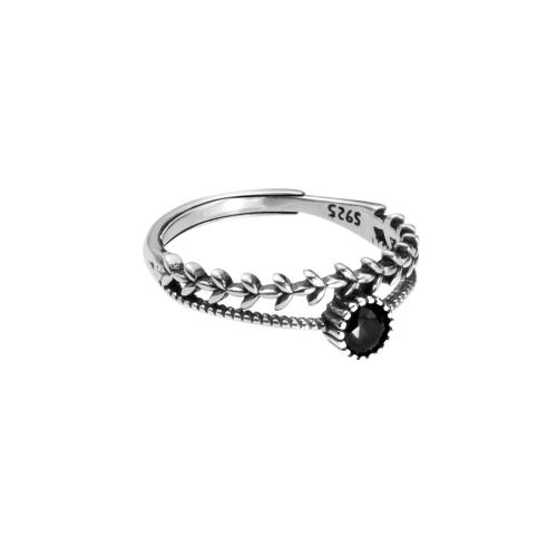 Argent sterling 925 Cuff Bague, feuille, Double couche & Vintage & pour femme & avec strass, Taille:7-9, Vendu par PC