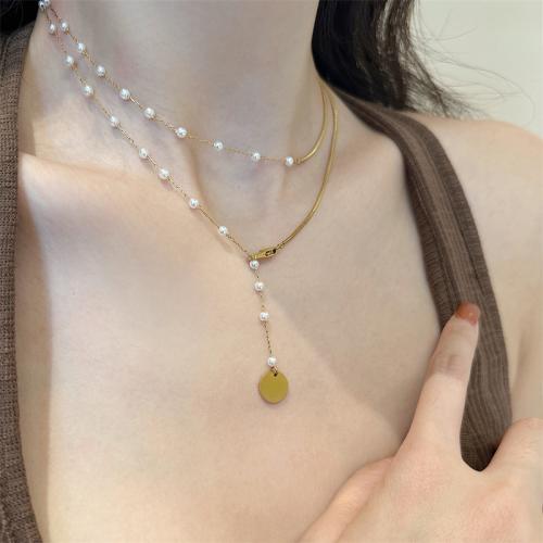 Titanium Steel Necklace with Plastic Pearl gold color plated Double Layer & fashion jewelry golden Length 40 cm Sold By PC