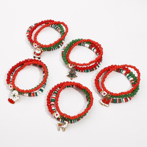 Bracelet de vacances de Noël, argile de polymère, avec Seedbead & cristal & plastique revêtu de cuivre & alliage de zinc, fait à la main, Conception de Noël & trois pièces & unisexe & styles différents pour le choix, couleurs mélangées, Vendu par fixé